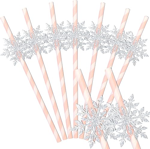 Miniatura 7 de 50 popotes de papel de copo de nieve, pajitas de rayas azules desechables con purpurina para copo de nieve para copo de nieve de invierno, regalos
