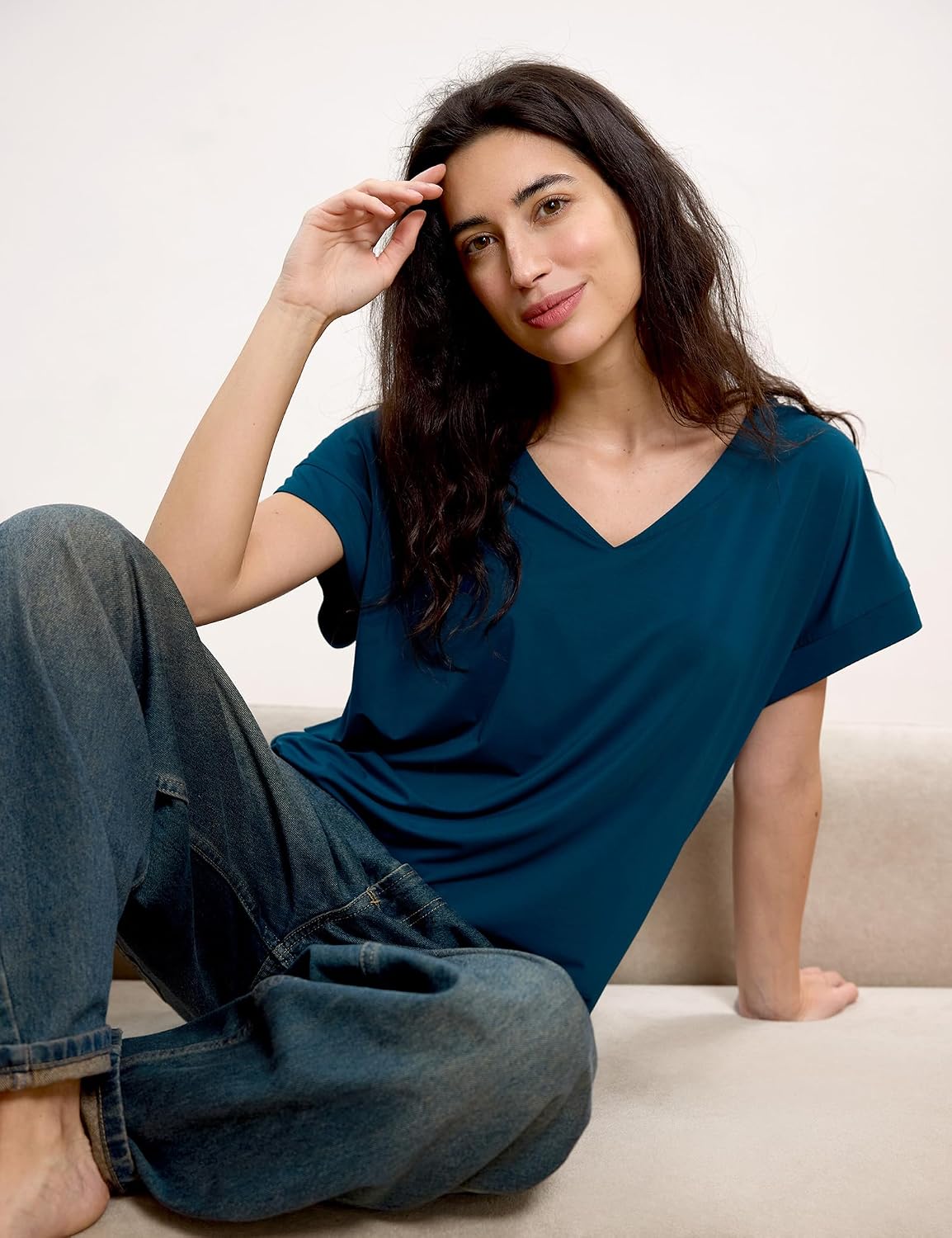 GYS Bamboo Viscose T Shirts for Women, Short Sleeve V Neck Tee, Soft Pajama Tops