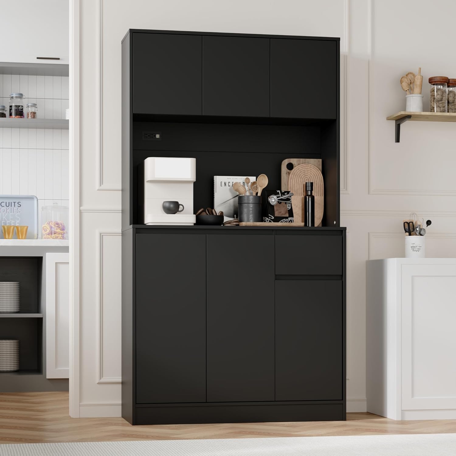 71" Tall Black Kitchen Pantry Cabinet with 6 Doors & Power Outlet, Freestanding Storage Hutch with Countertop, Adjustable Shelves for Dining Room, Laundry Room