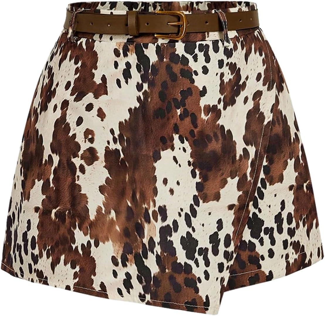 SweatyRocks Women's Cow Print Shorts High Waist Asymmetrical Wrap Skorts