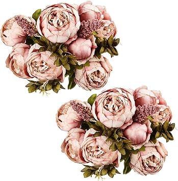 Fule 2 Pack Large Artificial Peony Silk Flower Bouquets Arrangement Wedding Centerpieces Cameo Brown