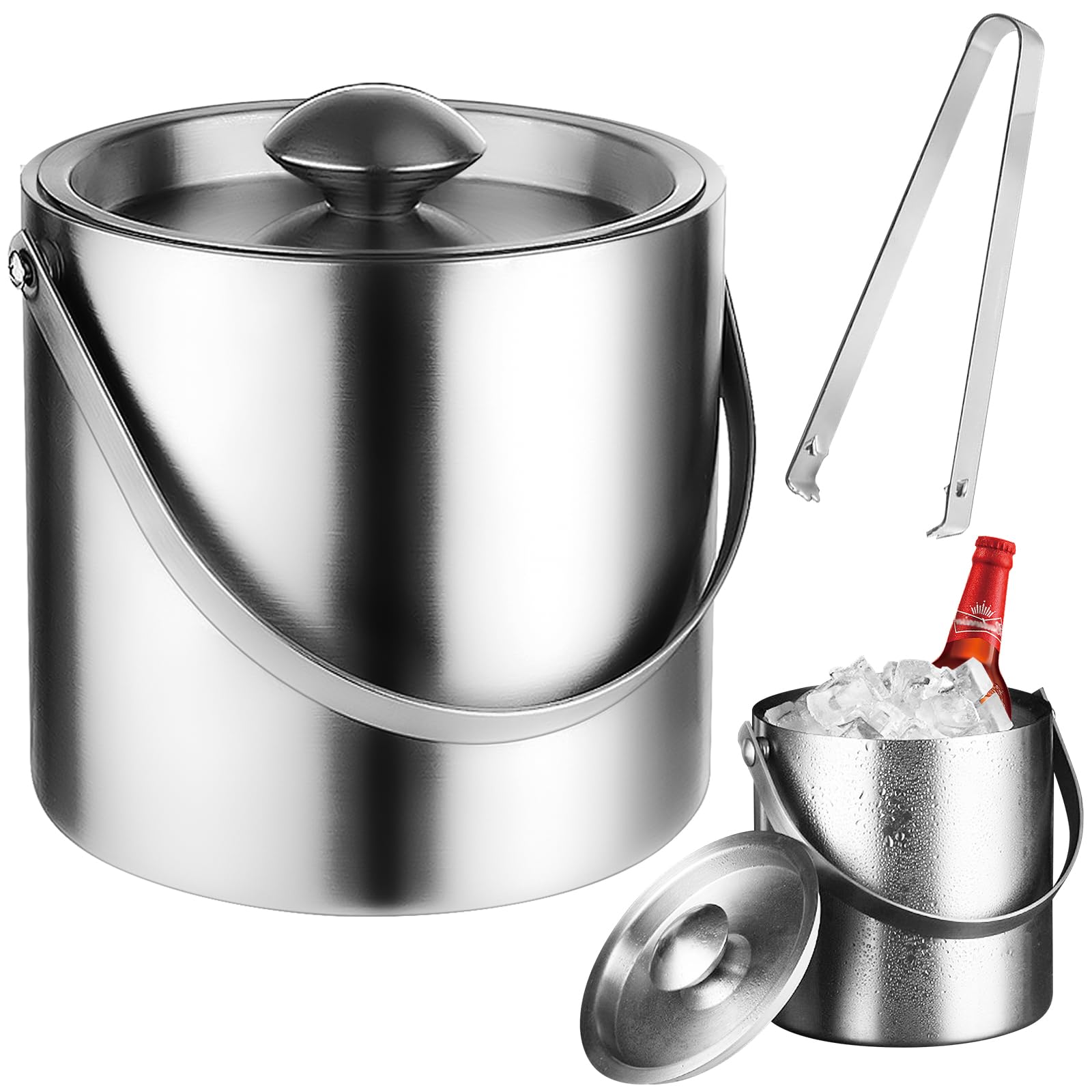 Contenitore per cubetti di ghiaccio, in acciaio inox, con coperchio, pinza e manico, 2 l, secchio isolato, ideale per il raffreddamento di birra, champagne