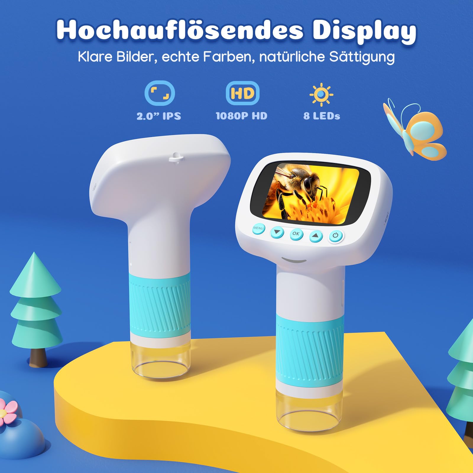 Leipan Tragbares Kinder Mikroskop, 1000x Digitales Mikroskop für Kinder, 2 Zoll IPS Bildschirm USB Microscope, Foto- und Videoaufnahme, Lupe Spielzeug ab 3 Jahre（Blau – mit Wecker）