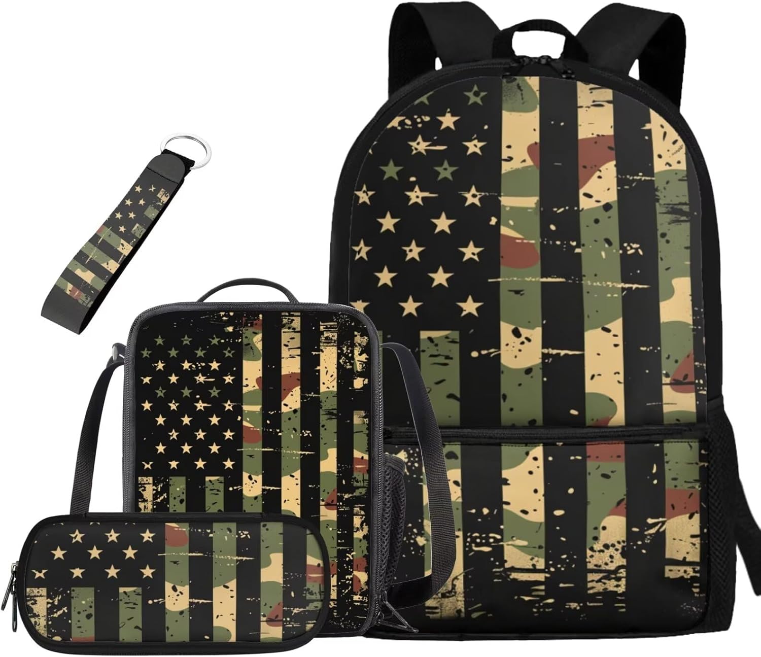Ystardream Camo American Flag Print Backpack for Boys with Lunch Bag Set 17 Inch Independent Day School Bag Elementary Supplies for Patriotic Teenager 4 Pcs with Pencil Case,Keychain and Lunch Bag