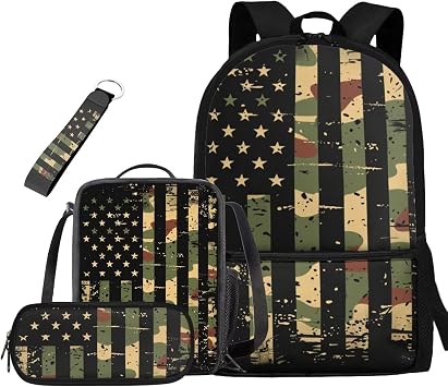 Ystardream Camo American Flag Print Backpack for Boys with Lunch Bag Set 17 Inch Independent Day School Bag Elementary Supplies for Patriotic Teenager 4 Pcs with Pencil Case,Keychain and Lunch Bag