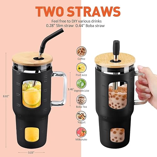 Miniatura 4 de Vaso de vidrio con popote y tapa, taza de vidrio de 32 onzas con asa, botellas de agua de vidrio con marcador de tiempo, 2 pajitas, popote de perlas