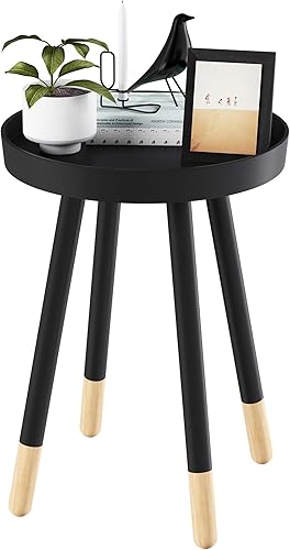 Miniatura 7 de Lavish Home - Mesa auxiliar redonda, soporte moderno de madera de mediados de siglo con bandeja superior para guardar bebidas o decoración de Negro
