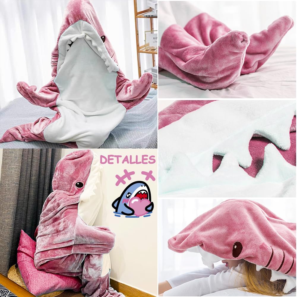 Manta de Tiburón con Capucha, Manta de Tiburón Onesie Saco de Dormir, Suave Franela Tiburón Manta con Capucha, Wearable Cola de Tiburón Onesie Manta (L(67 * 27,5in), Rosa)