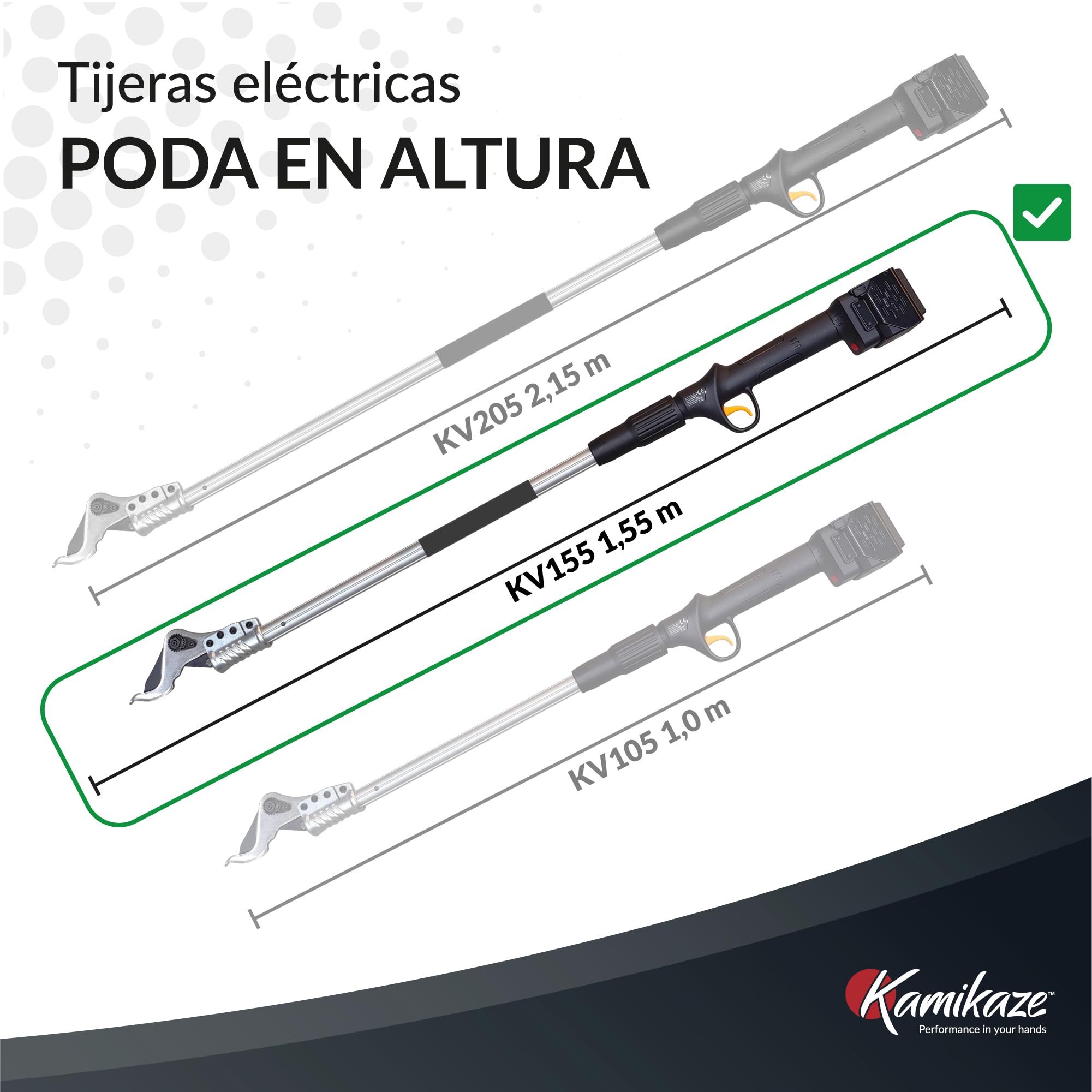 KAMIKAZE KV155. Tijera Eléctrica en altura sin cables. Corte Ø 40 mm. Longitud pértiga 155 cm. Hasta 8 horas autonomía. Incluye dos baterías de litio recargables. Poda Eléctrica