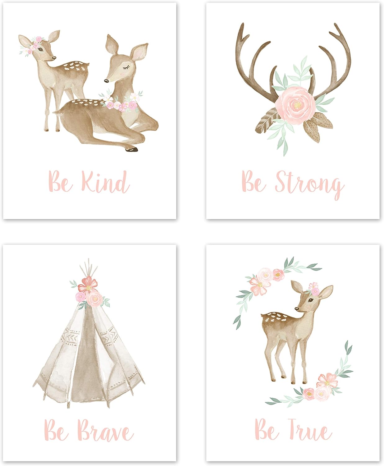Sweet Jojo Designs Blush Pink and Mint Wall Art Prints Room Decor for Baby, Nursery, and Kids for Boho Woodland Deer Floral Collection - Set of 4 - Be Kind, Be Strong, Be Brave, Be True