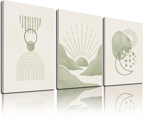 Juego de 3 piezas de arte minimalista bohemio para pared arte abstracto de mediados de siglo impresión moderna de lienzo geométrico neutro verde