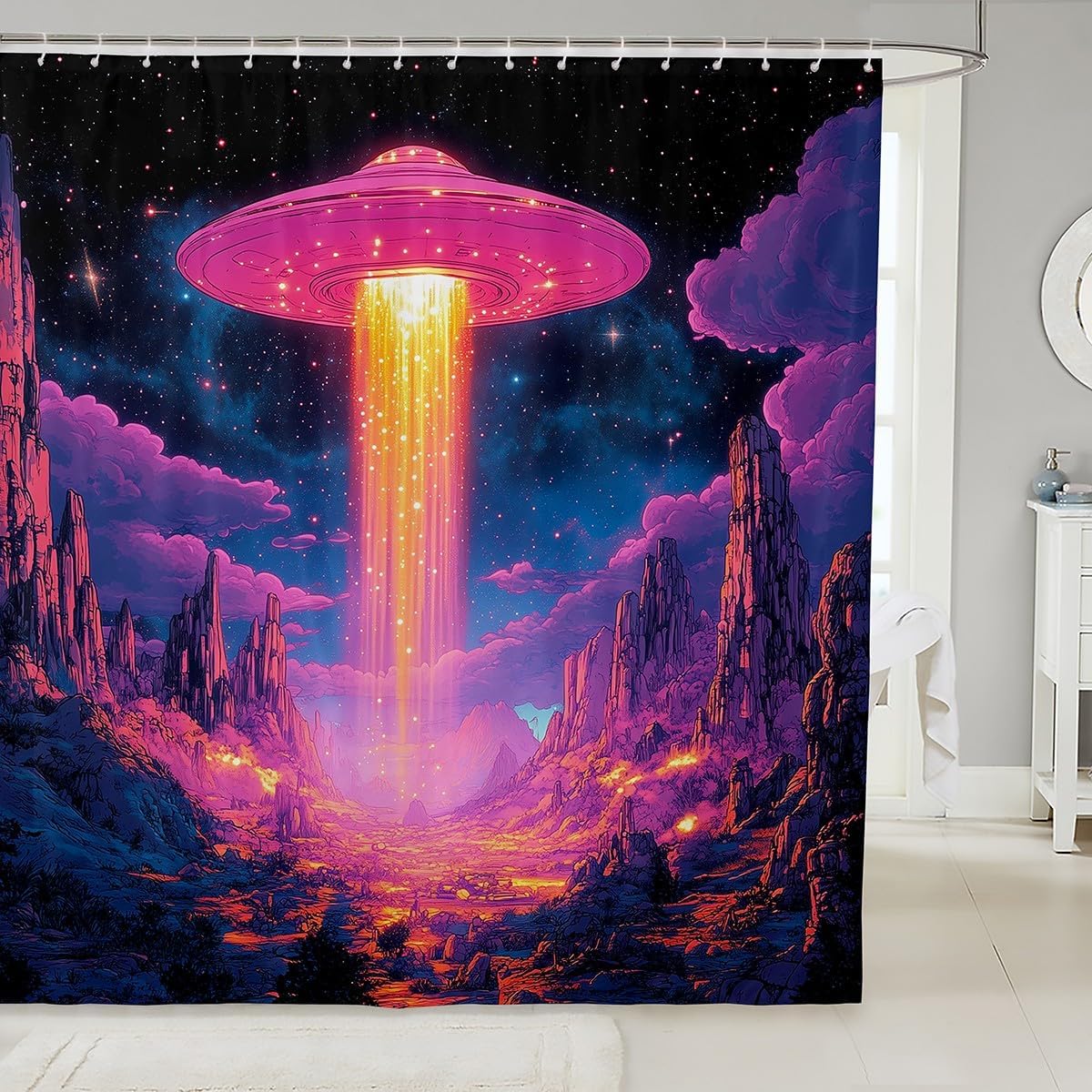 Manfei Spaceship Fabric Shower Curtain,Natural Mount Lake Neon Orange Green Aurora Shower Curtain,Mysterious Alien Spacecraft 3D Print Waterproof Shower Curtain for Bathroom,72 Inch Long image 4