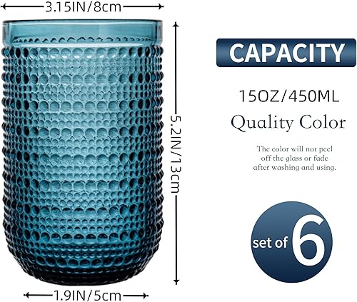Miniatura 2 de Bandesun Juego de 6 vasos altos vintage azules, cristalería de hobnail de 15 onzas, vasos románticos en relieve para cerveza, cóctel, refrescos,