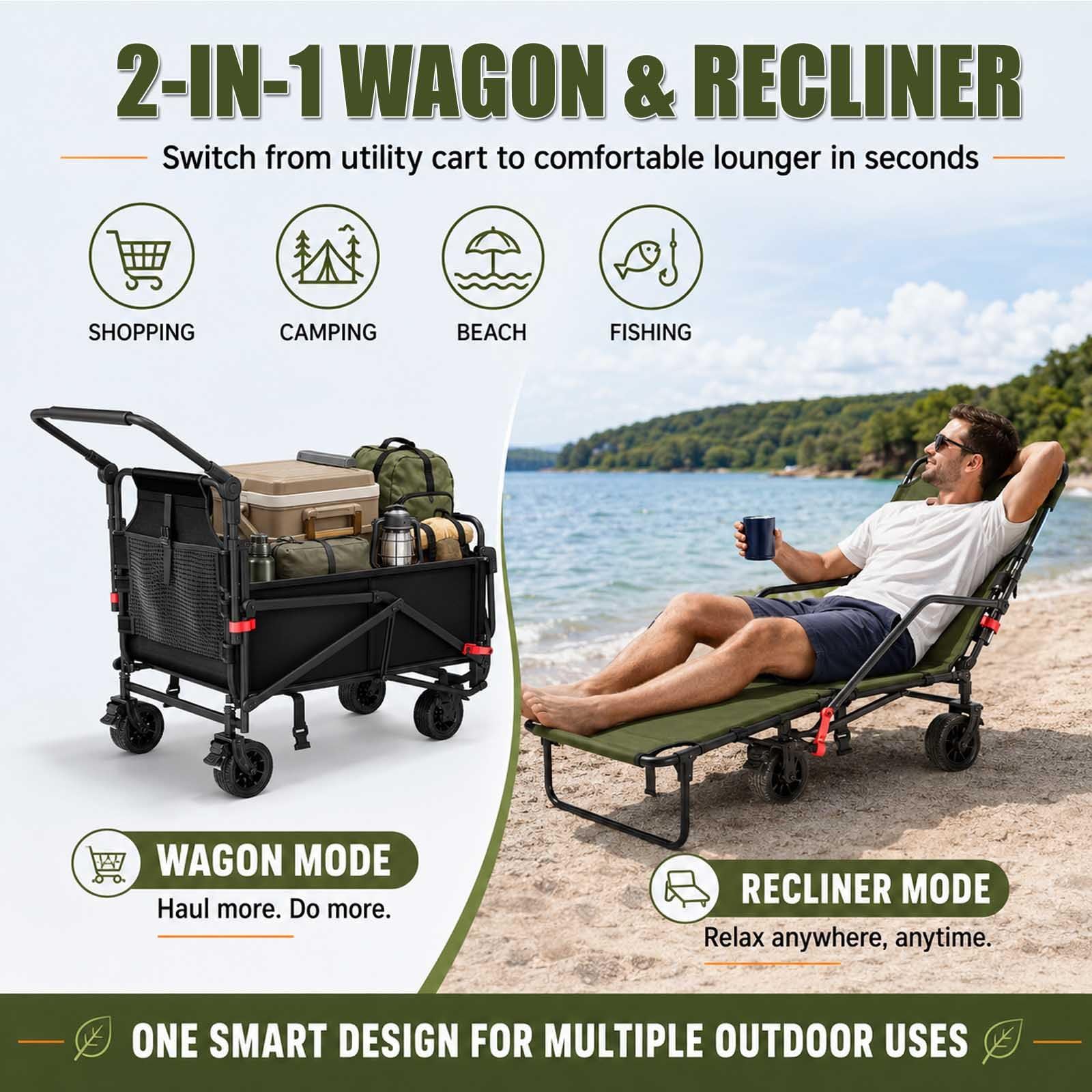 Chariot pliable et chaise de plage, chariot pliable robuste avec roues tout-terrain, capacité de 200 kg pour l'extérieur, le camping, le jardin, le pique-nique et le shopping