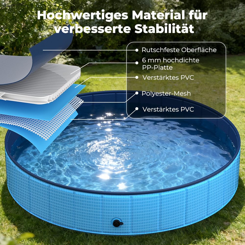 KYG Hundepool große Hunde 160x30cm – faltbar, stabil, rutschfest, einfache Entleerung, mit Ablassventil & 4 Flicken – Hunde Planschbecken für alle Hundegrößen, für den Außenbereich