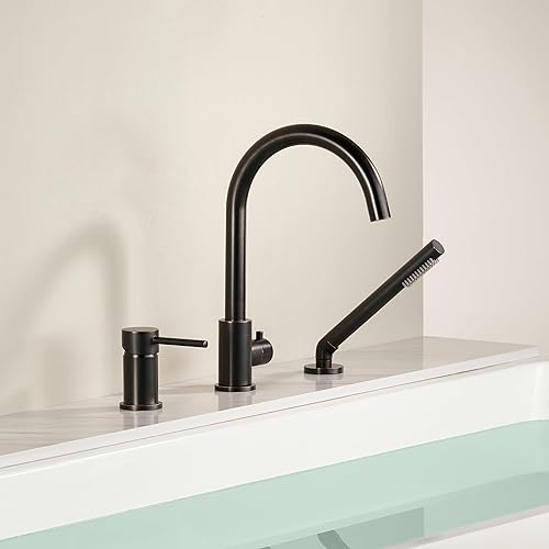 Miniatura 42 de Grifo de bañera de montaje en cubierta negro con rociador, grifos de bañera de alto flujo, grifo de baño de latón con mango montado en la ducha