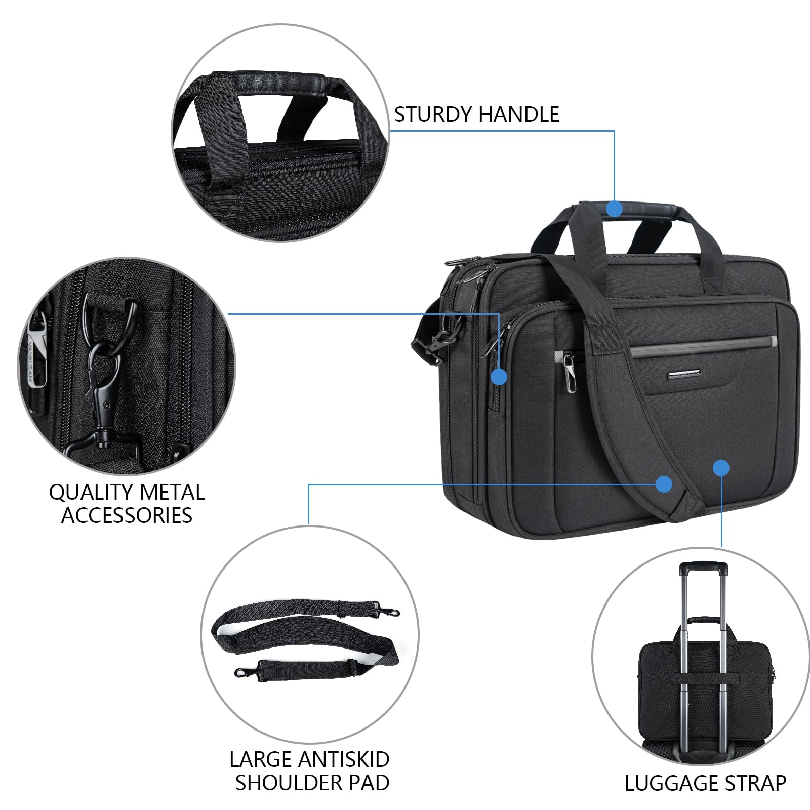 VANKEAN Borsa per laptop fino a 17,3 pollici, borsa a tracolla espandibile, impermeabile, per uomo/donna, borsa per computer per viaggio/affari/nero-blu