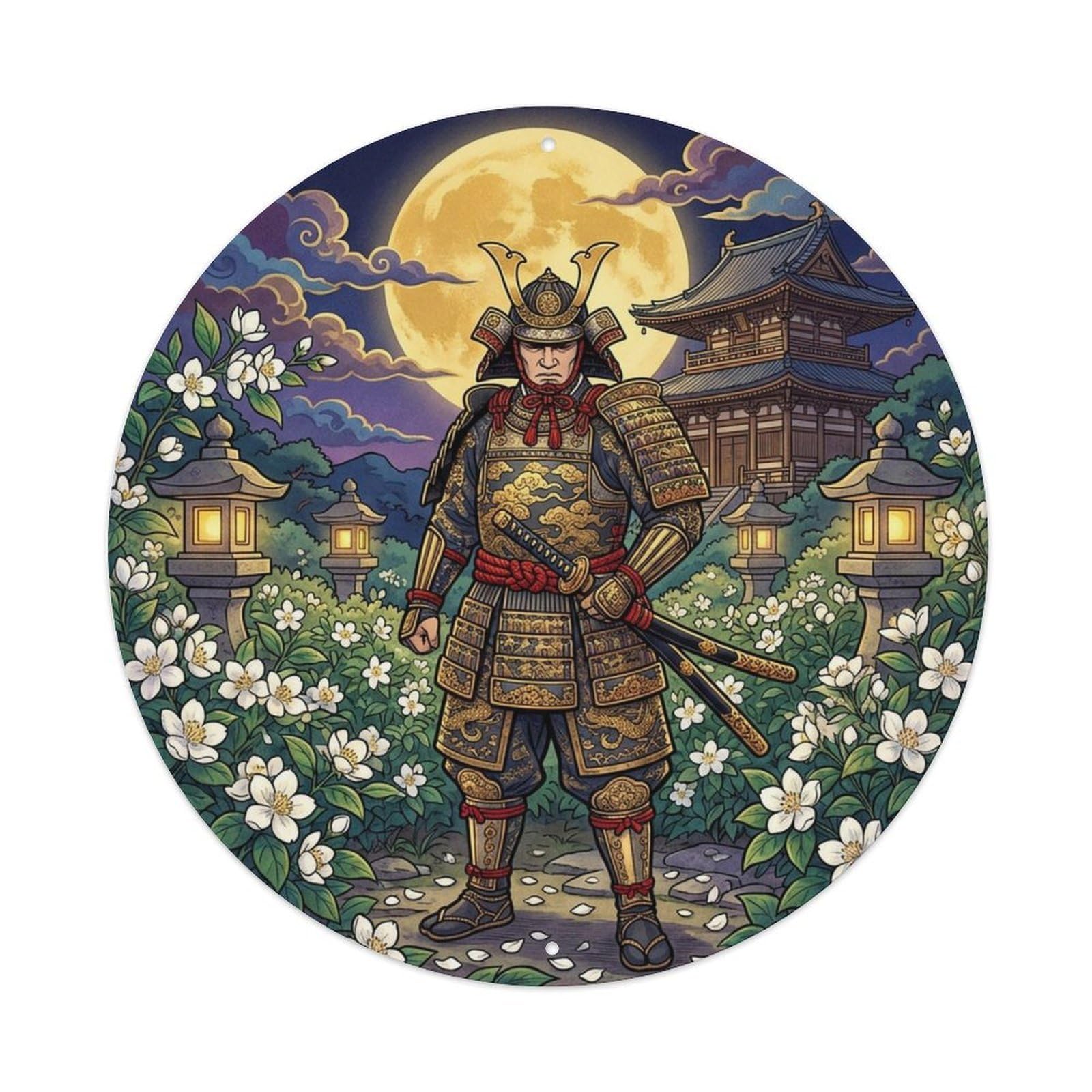 Okngb Style Shrine Jasmine Garden Night Legendary Warrior Seal Metal Tin Sign Plaque Wall Decor For Cafe, Man Cave, Club Bar, Office, Home Garden Round Metal Poster 8X8inch