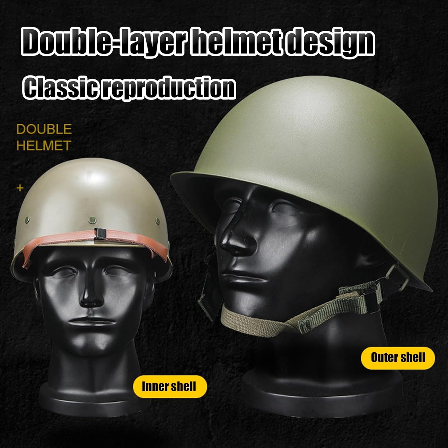 Outdoor Green WW2 US M1 Army Helmet Steel Field, with Net Cover Cat Eye Belt Two-Tier Design, for Airsoft Outdoor CS Hunting