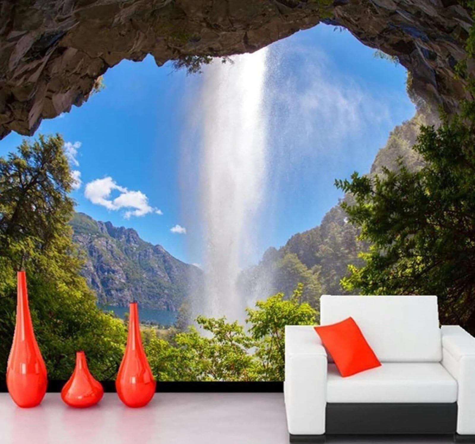 Tzxztt Large Three Dimensional Cave Waterfall Natural Landscape Modern 3D Wallpaper Premium Textured Silk Neutral Tones Material Ideal for Living Room Bedroom-250cm×170cm