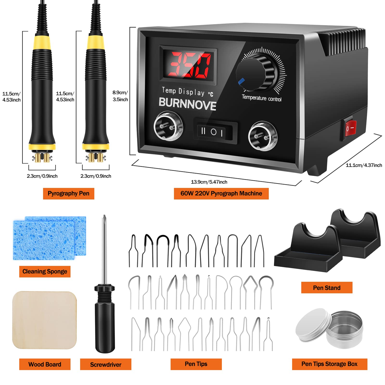 BURNNOVE Double Stylo Pyrograveur sur Bois 60W 220V Kit de Pyrogravure Bois Professionnel aver 33 Pointes de Soudage Utilisation Alternée Plumes Température Réglable pour Souder Liège Cuir