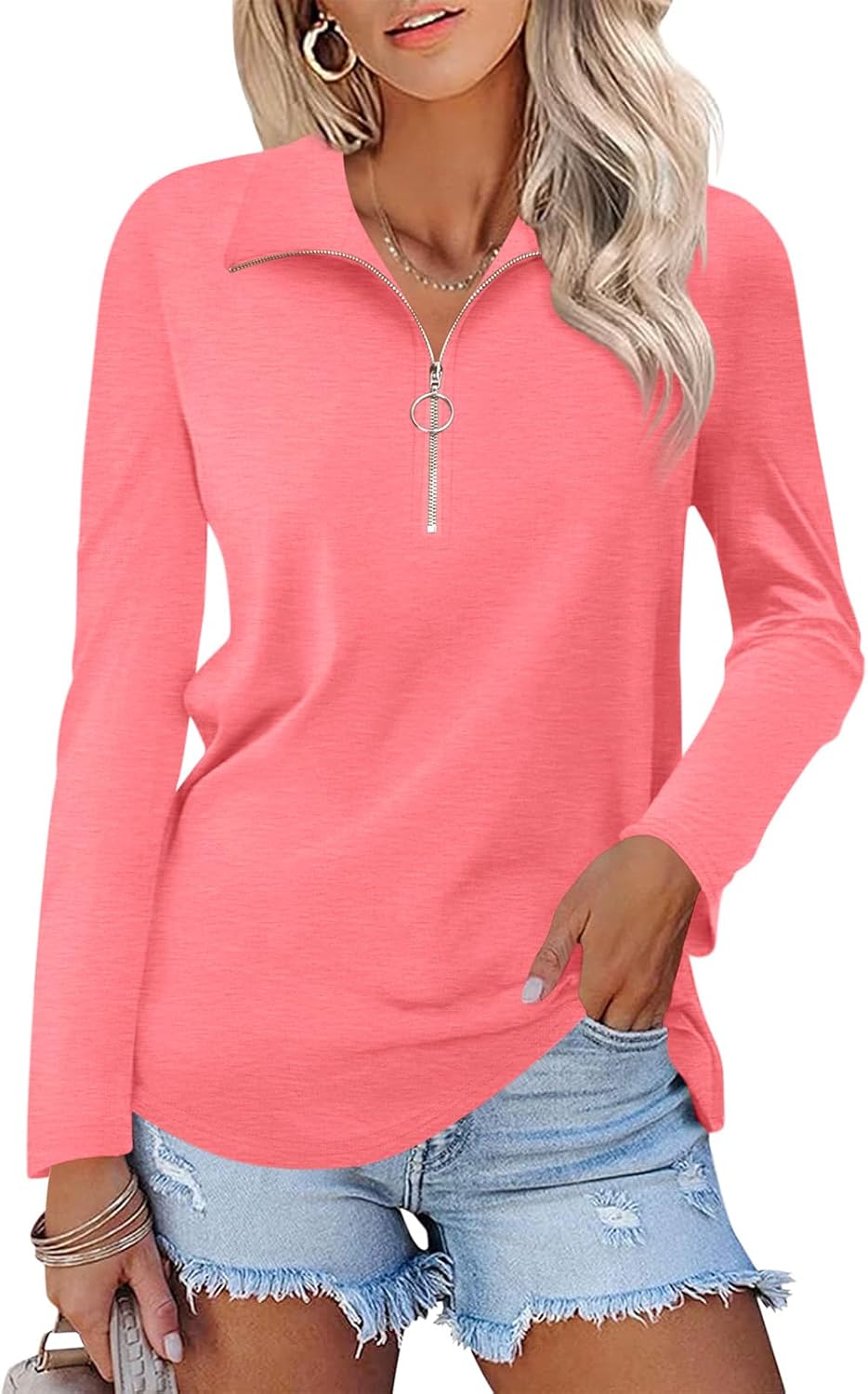 Women's Long Sleeve Shirts Quarter Zip Pullover Collared V Neck Tops Fall Blouses