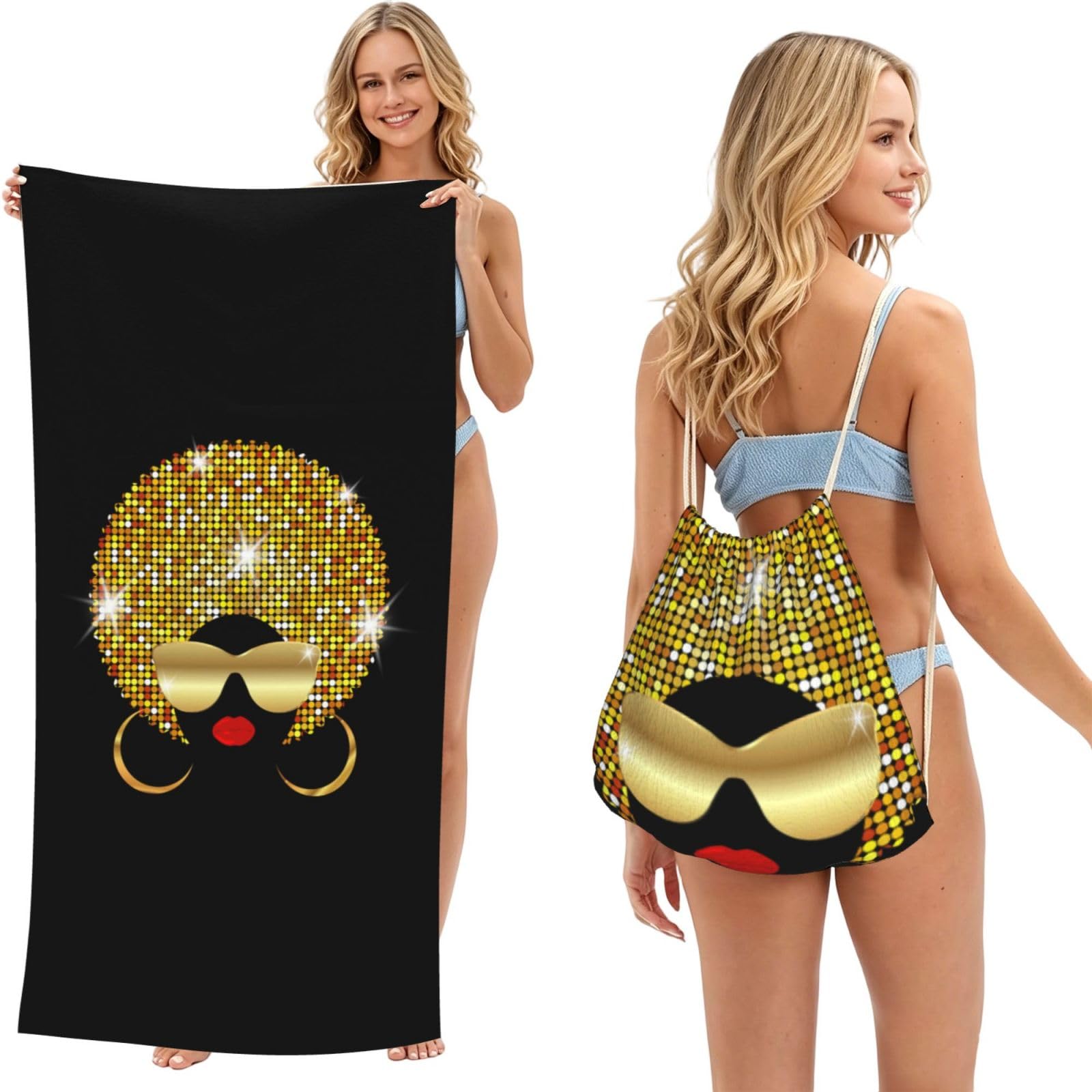WSHFFILO Cute African Woman Polka printed 2 in 1 Packable Towel Bag Bath Towel Beach Towel