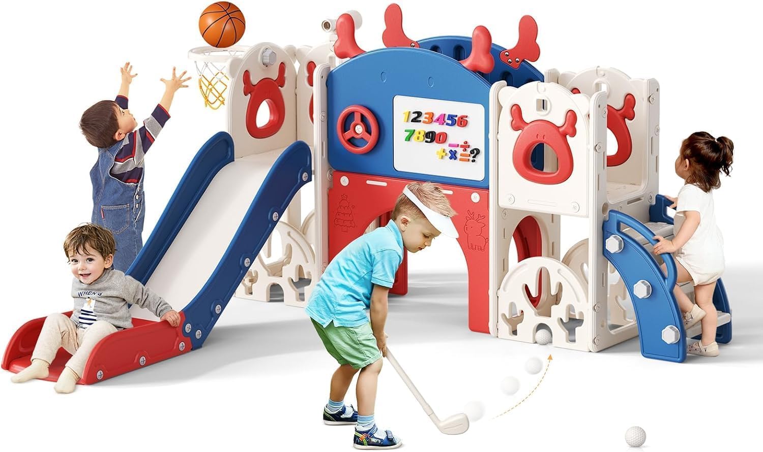 Tobogán para niños, grande con canasta de baloncesto, estructura de escalada para jardín, telescopio, espacio de almacenamiento (tobogán alce 7 en 1 – azul y rojo)