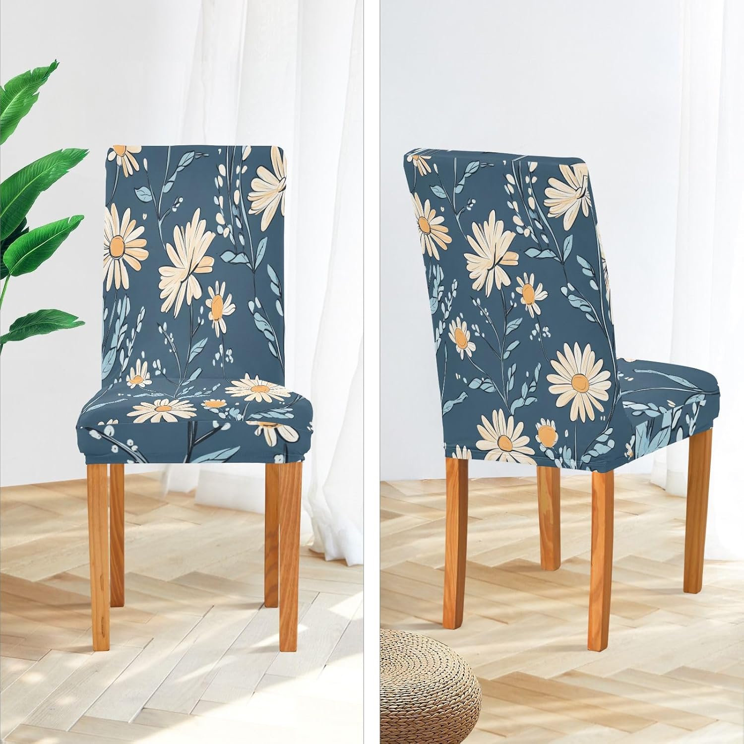 ALAZA Chair Covers for Dining Room, Hand Drawn Elegant Daisy Floral Stretch Chair Cover Sets Chair Protector Removable Washable for Ktichen Restaurant Hotel
