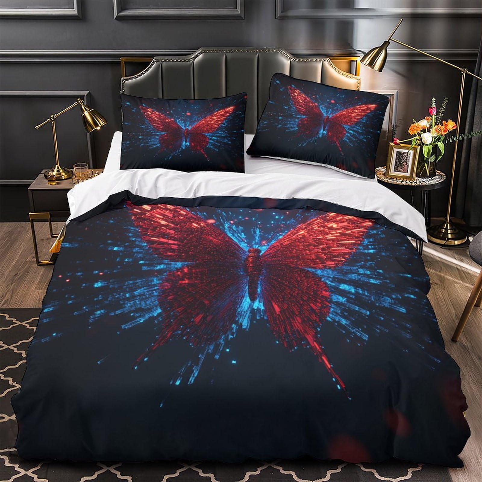 Housse de couette papillon 3D microfibre anti-tache drap lit king 220x240cm