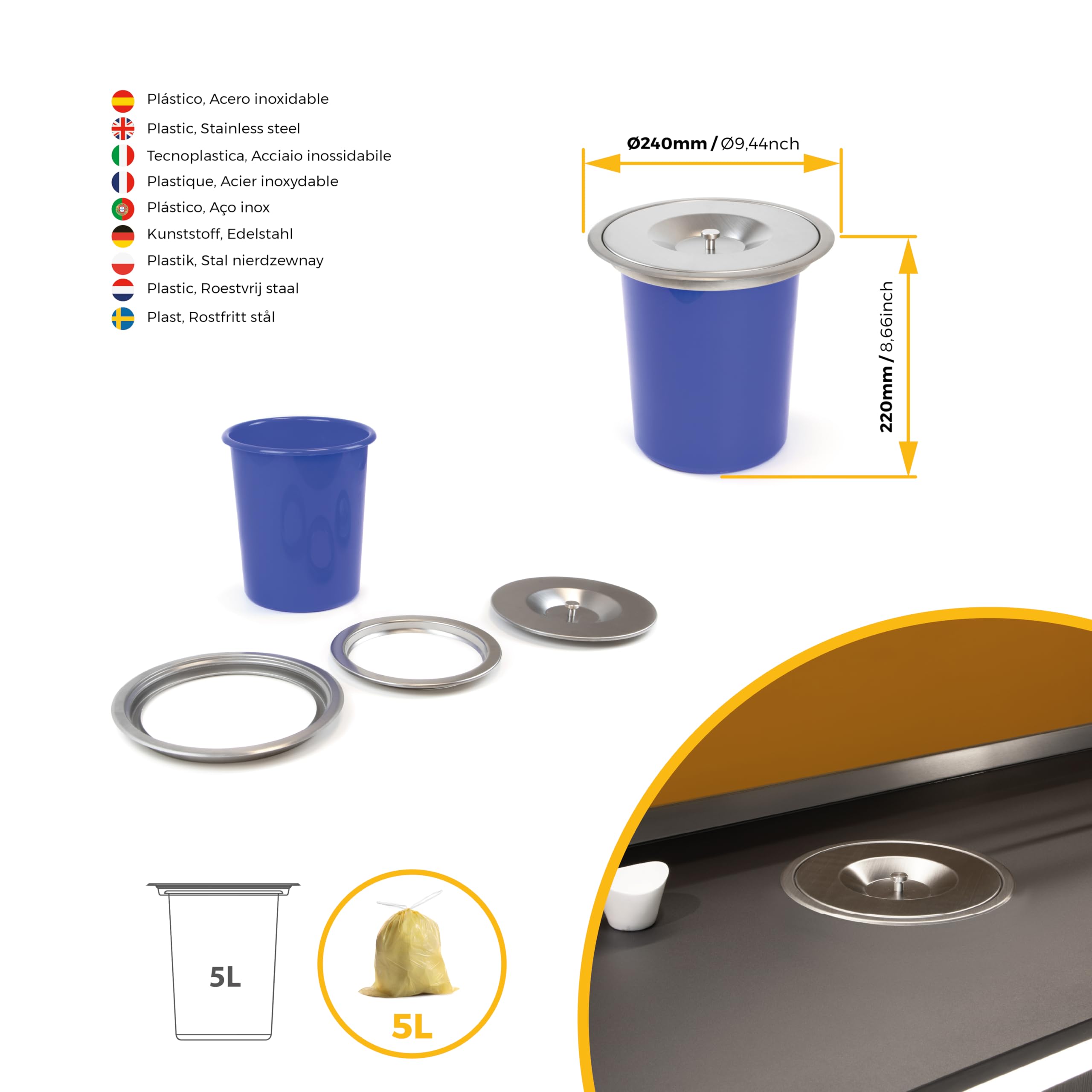 Emuca - Pattumiera da Incasso con Coperchio per Piano Cucina, Contenitore Estraibile Cucina 5L, Acciaio Inox.