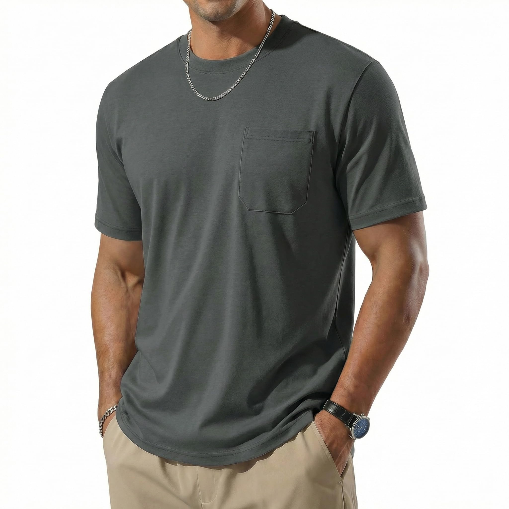 TACVASEN Herren T-Shirt Kurzarm Rundhals Sommer Hemd Freizeit mit Taschen Atmungsaktiv Basic Shirt UV Schutz Schnelltrocknend