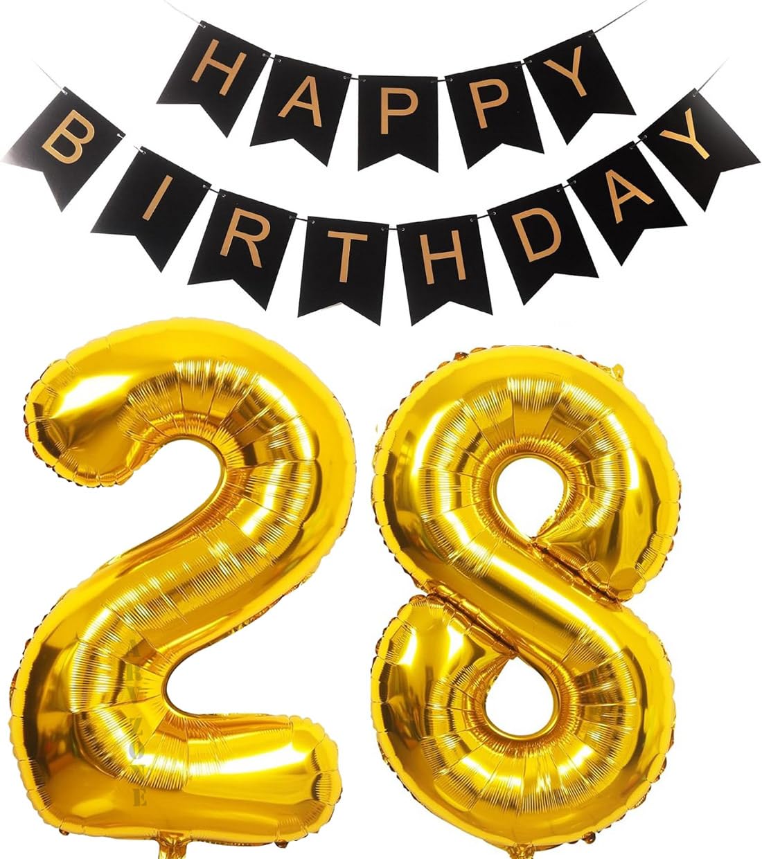 32 inch Giant Gold 28 Number Balloons & Black Happy Birthday Banner, 28th Birthday Decorations with Bunting Banner & 28 Number Foil Balloons Large for Girl Boy Birthday Party (HBD 28)
