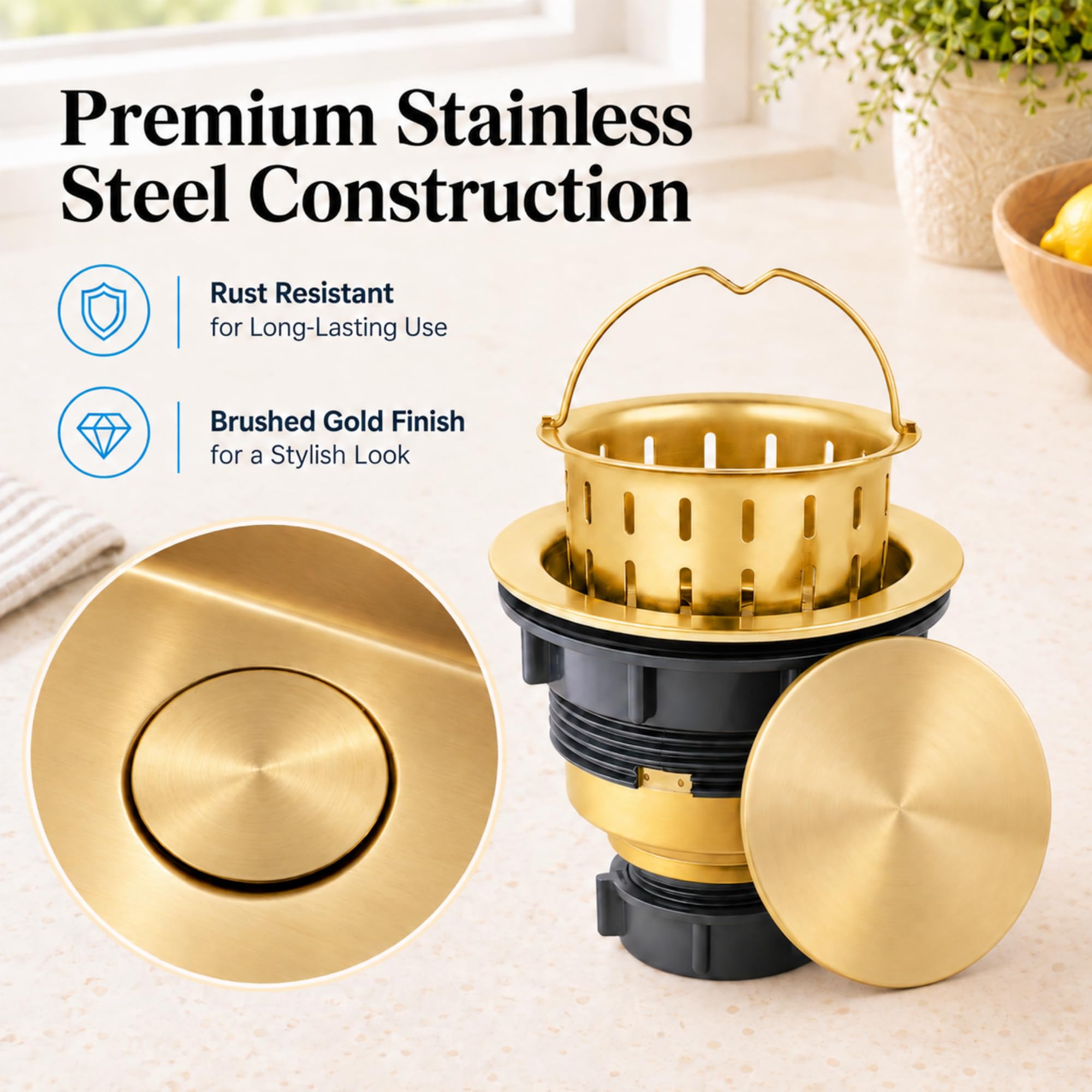Gold Kitchen Sink Drain Assembly - Stainless Steel -6 Gold Kitchen Sink Drain Assembly - Stainless Steel -6