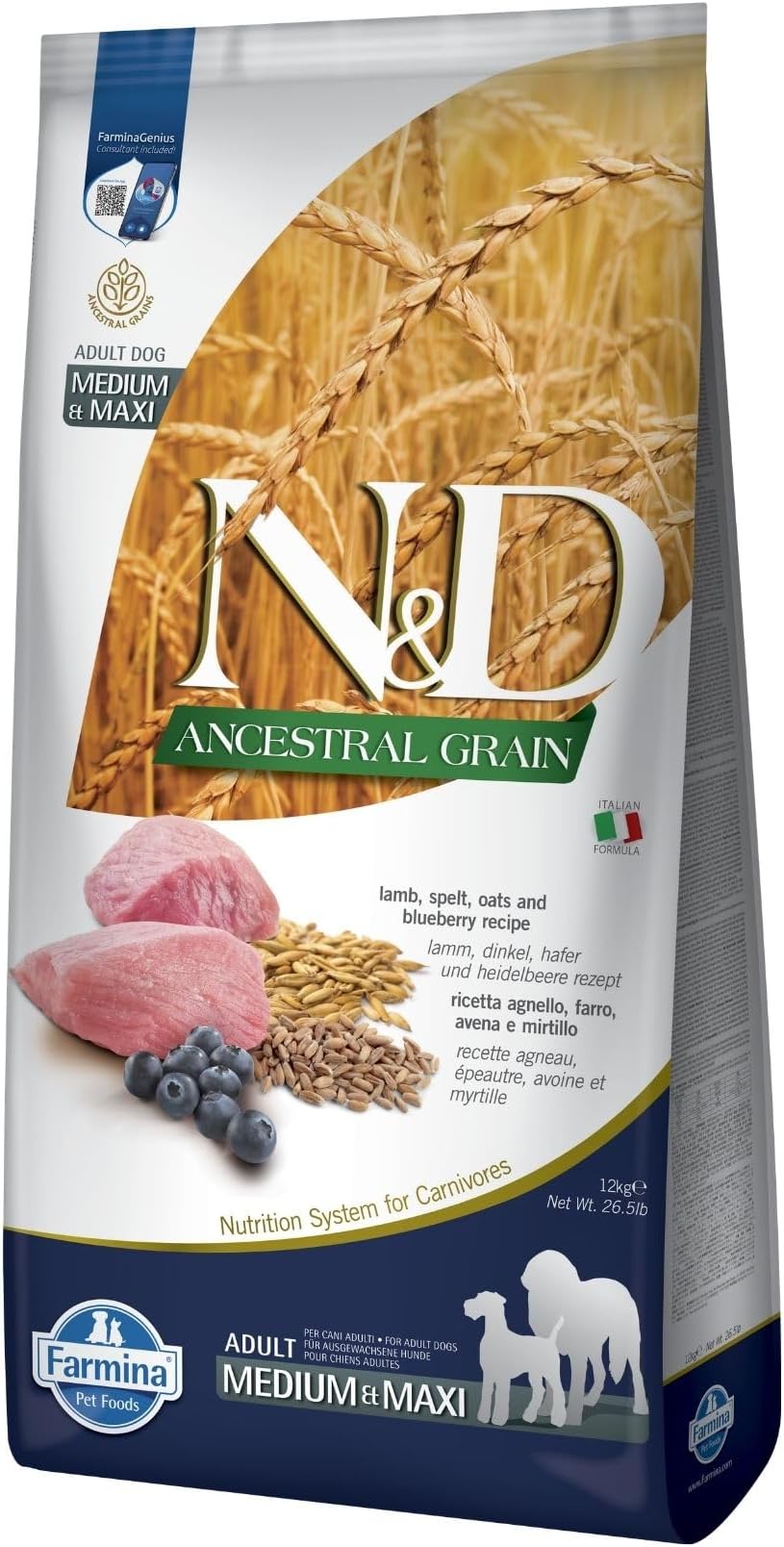 N&D ANCESTRAL GRAIN DOG LAMB, SPELT, OATS AND BLUEBERRY ADULT MEDIUM & MAXI 12KG