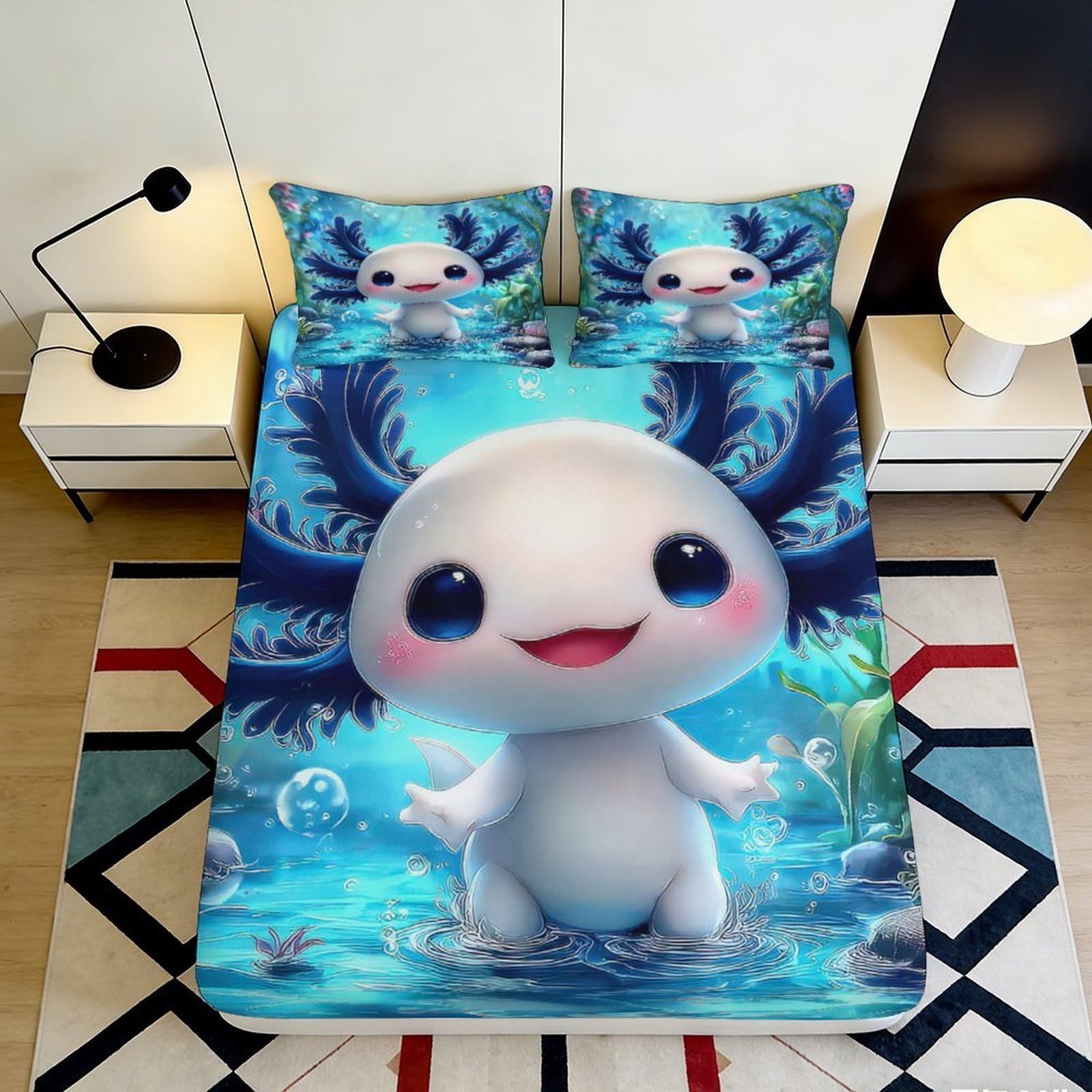 3D Printed Cute Axolotl Fitted Sheet Microfiber Soft Breathable Fantasy Lake Mattress Cover for Bedroom Dorm 90x200x25cm