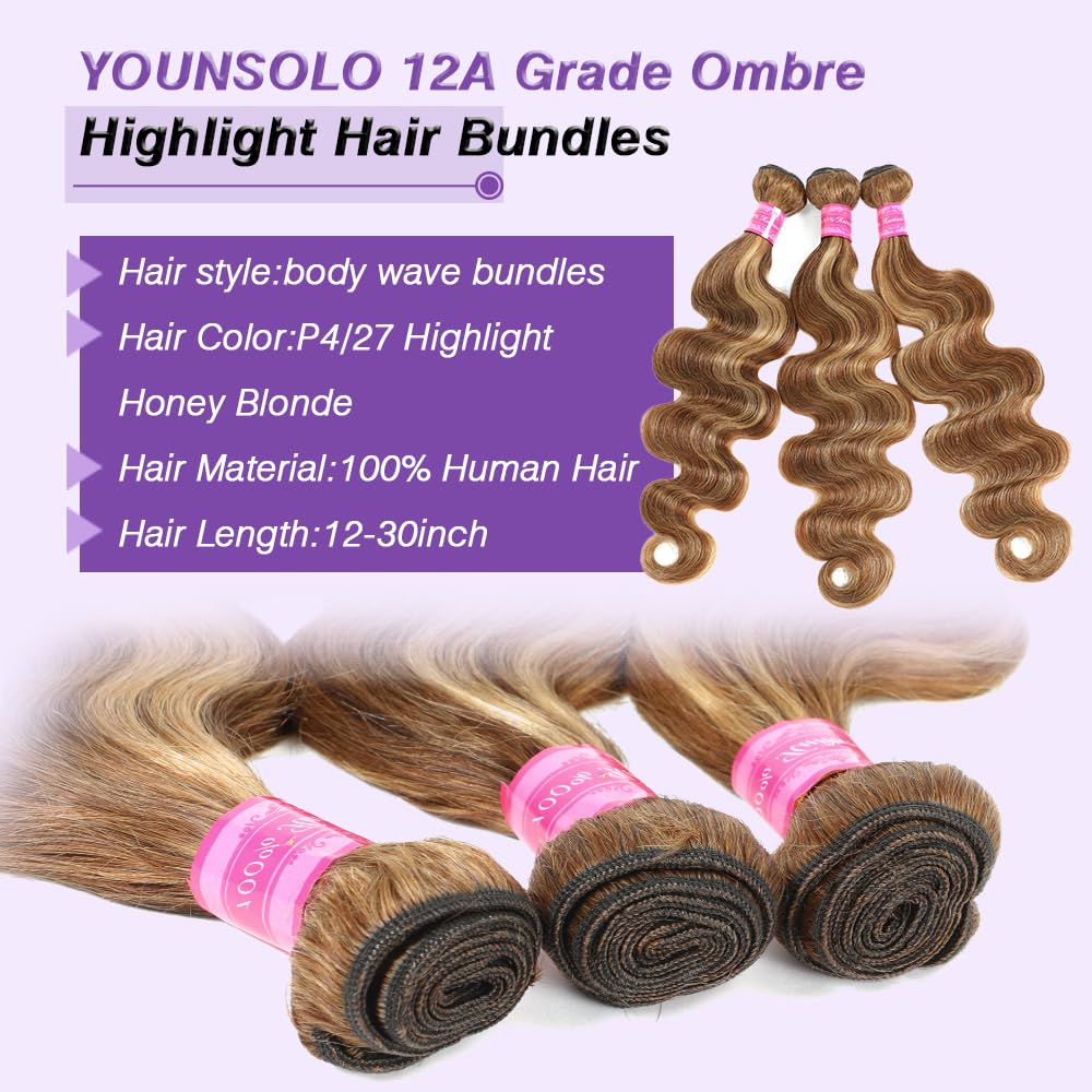 Honey Blonde Ombre Body Wave Bundles Human Hair Highlight Bundles Human Hair 4/27 Colored Body Wave 4 Bundles 24 26 28 30 Inch 100% Unprocessed Virgin Hair Extensions - Image 3