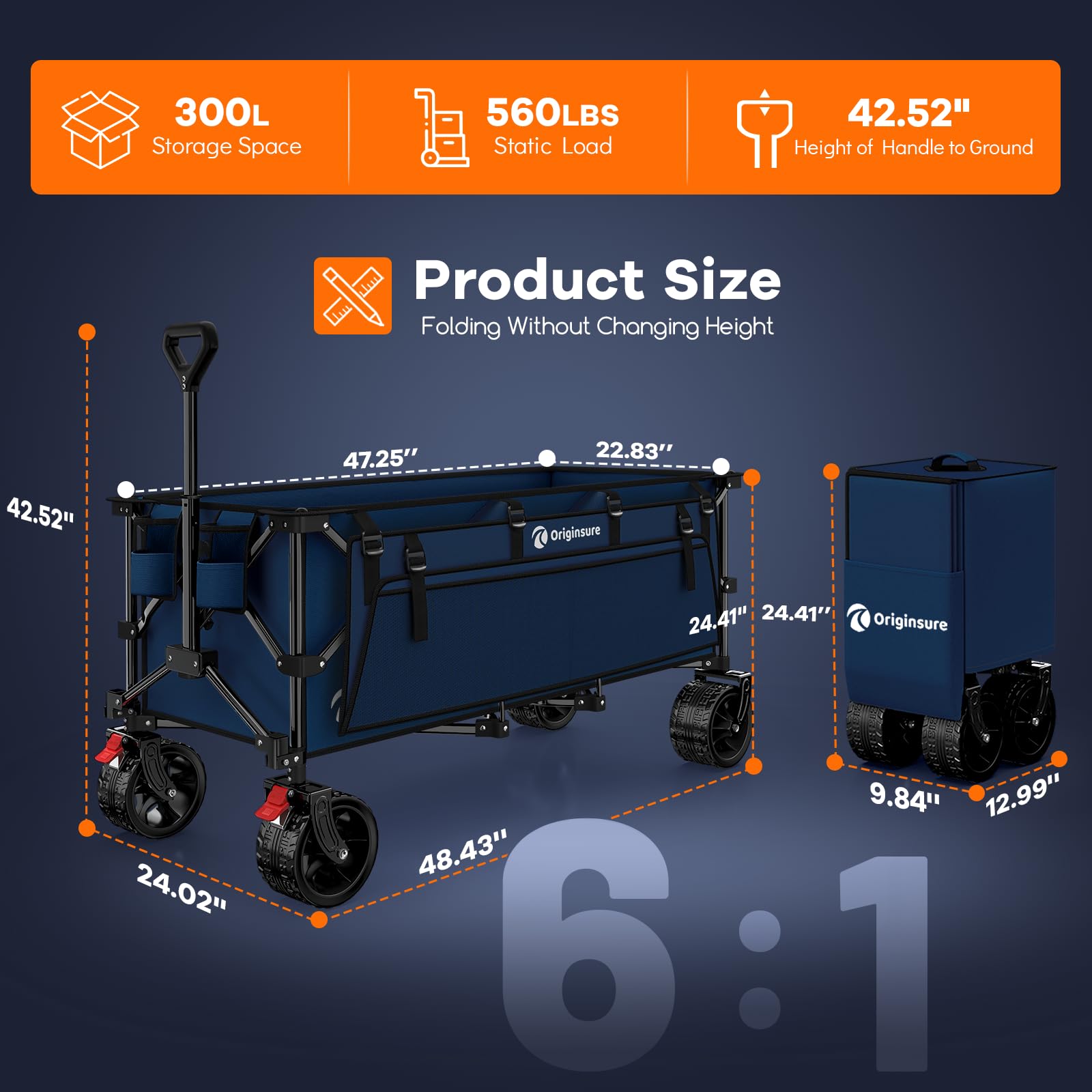 Condition photo showing As Is for 48" l folding beach wagon cart foldable, 560lbs weight capacity 300l heavy duty collapsible wagons with big all-terrain wheels, utility carts for groceries, shopping, camping, sports - blue