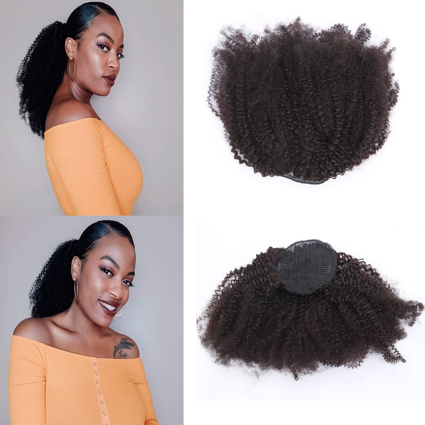 LoxxyAfro Ponytail Human Hair Extensions Afro Curly 4C Ponytail Hair Natural Black 100% Virgin Remy Human Hair Extensions Hair Pieces And Ponytails For Black Women 16 Inch