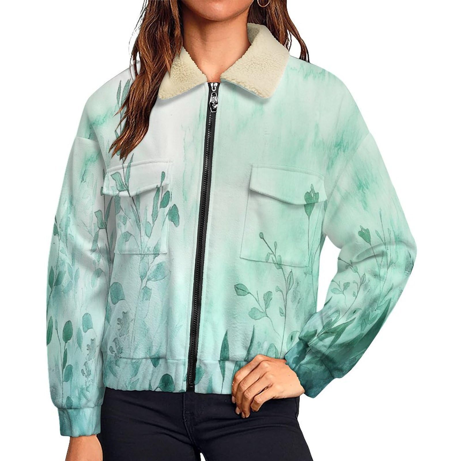 Donna Pile Stampa Boemia Caldo con Cerniera, Giacca da Camera Invernale Corta Pile Giacche, Piante fiori selvatici Cappotto In Peluche Sherpa Giubbotto Fleece Comoda