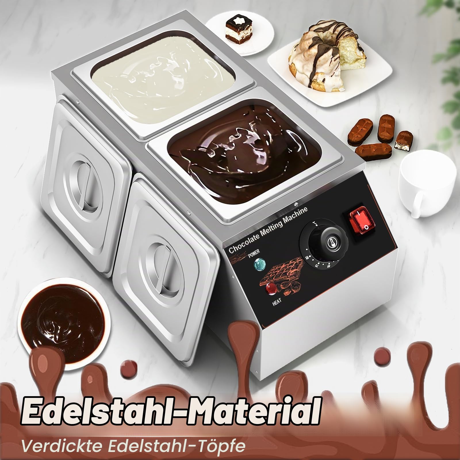 Schokolade Schmelztiegel, Temperiergerät Schokolade Temperiermaschine mit 2 Töpfen Kommerzielle Elektrische Schokolade Schmelzgerät Edelstahl, 2x1/6 GN Behälter Schokolade Schmelzmaschine Topf