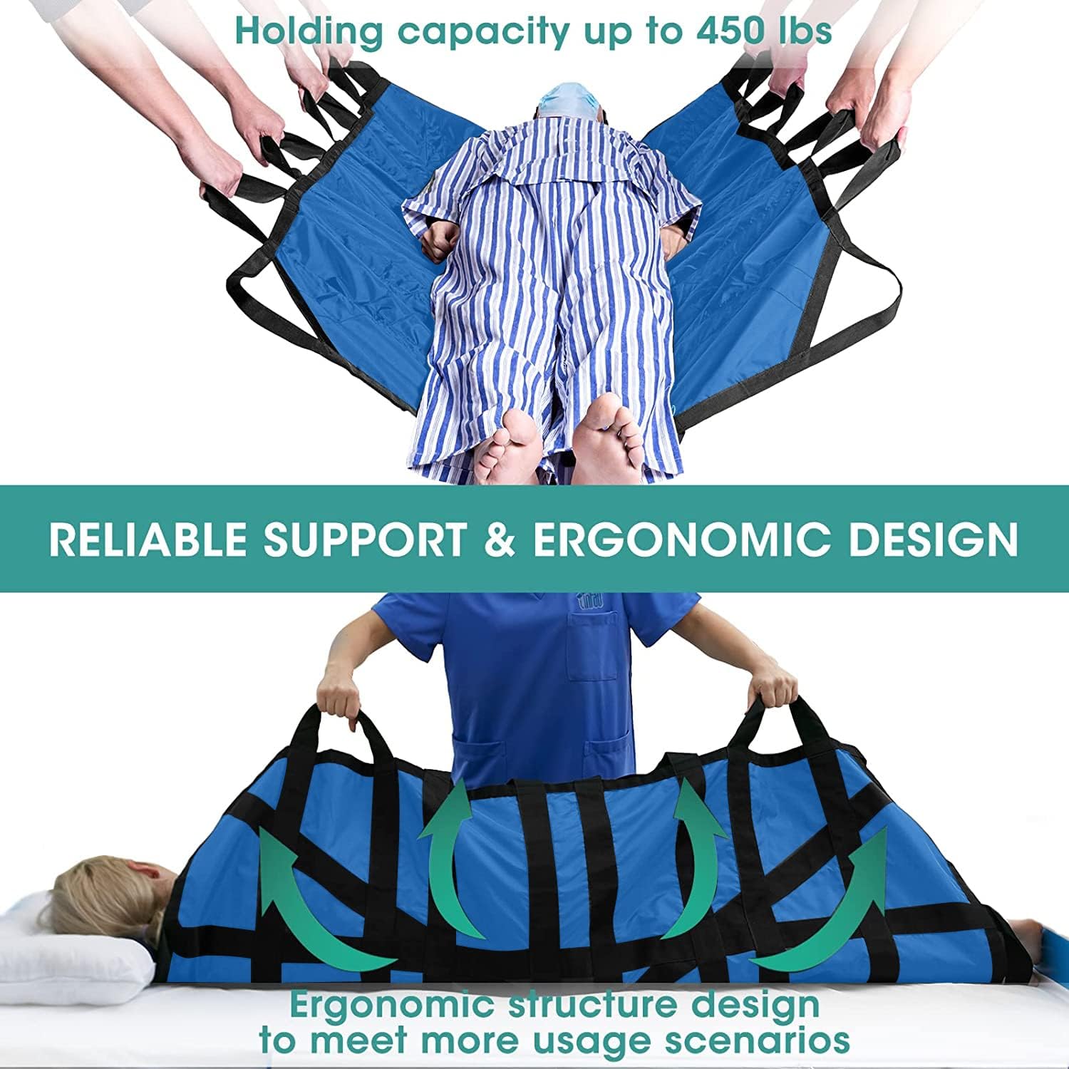 Almohadilla de posicionamiento de cama con mango reforzado, 60 x 40 pulgadas, hoja de transferencia impermeable multiusos para girar, levantar y deslizar, reutilizable, lavable, hoja de