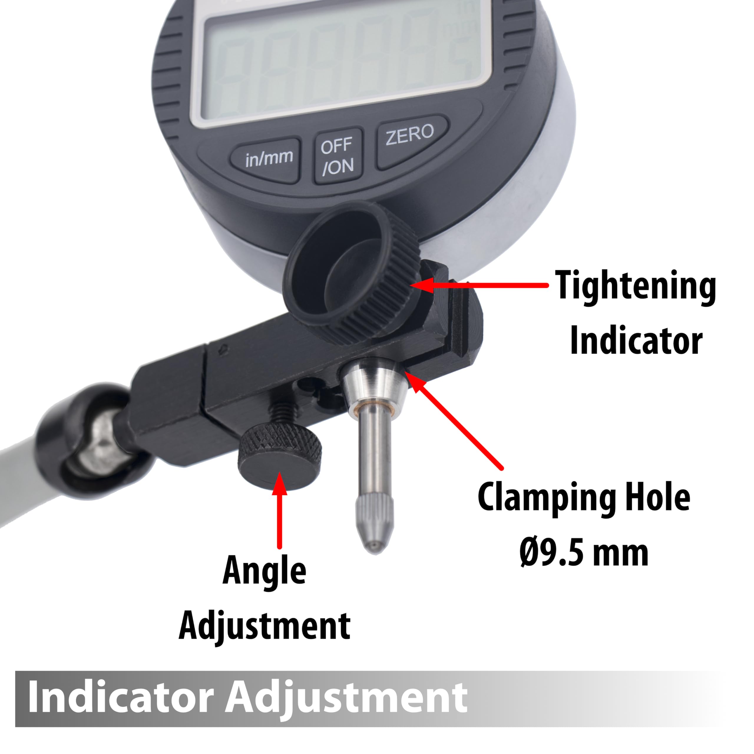 Clockwise Tools DIBR-0055 Indicador digital con soporte de base magnética, 0-0.5 pulgadas/12.7 mm, conversión métrica/pulgada, apagado automático