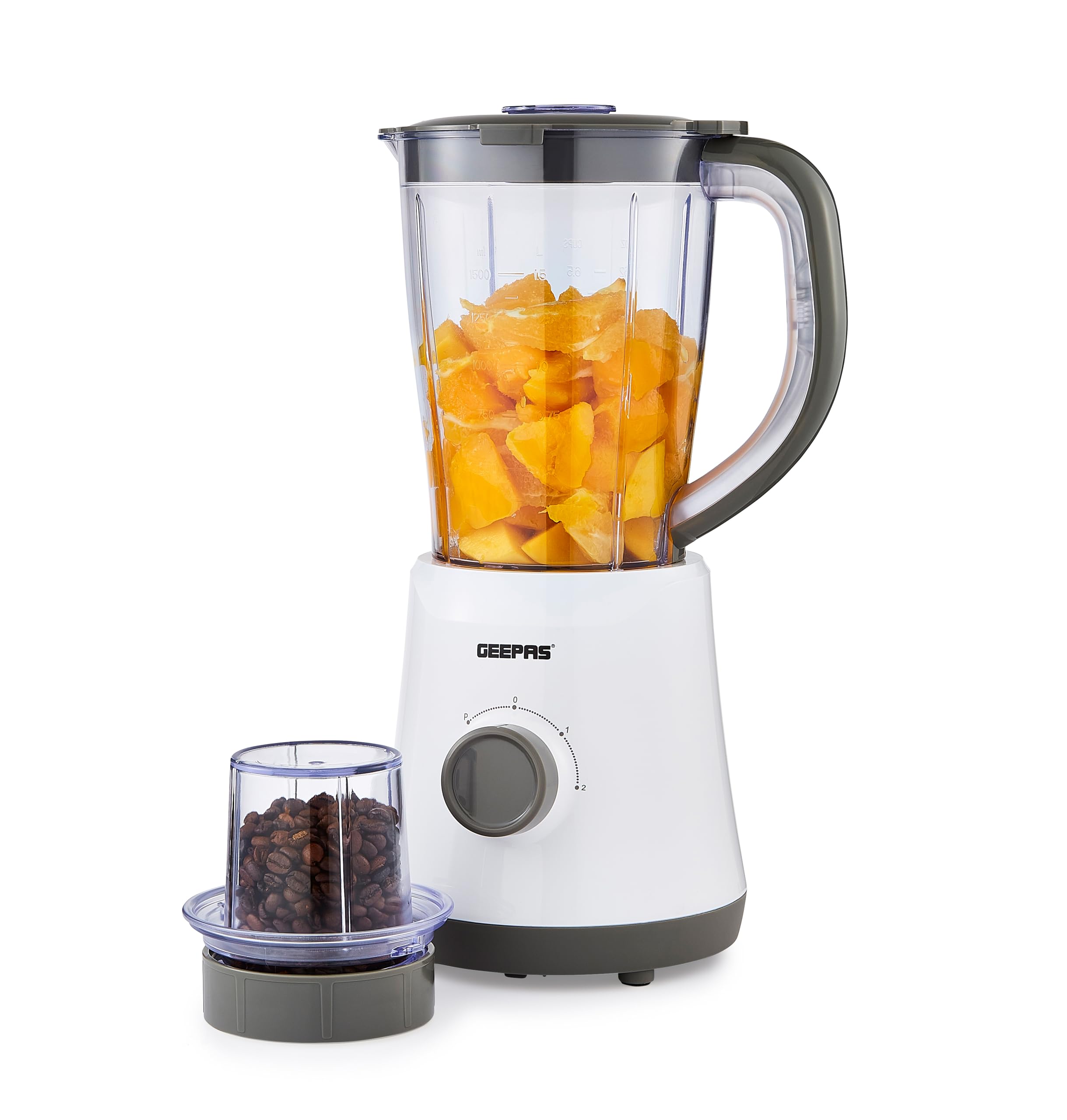 GEEPAS 2-in-1 Food Jug Blender | 1.5L Juice Jar & 60G Mini Coffee Spice Grinder Mill 4-Leaf Stainless-Steel Blades 2 Speed & Pulse Lockable Lid Smoothie Maker for Ice Crushing 500W Grey (Renewed)