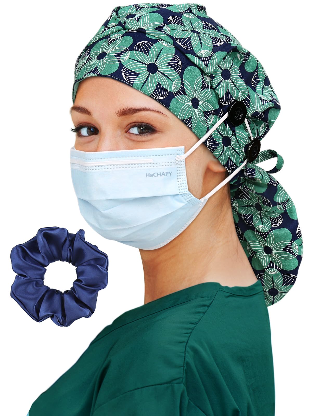 Satin Lined Scrub Cap for Women Extra Large Long Hair Surgical Nurse Cap 4 Buttons