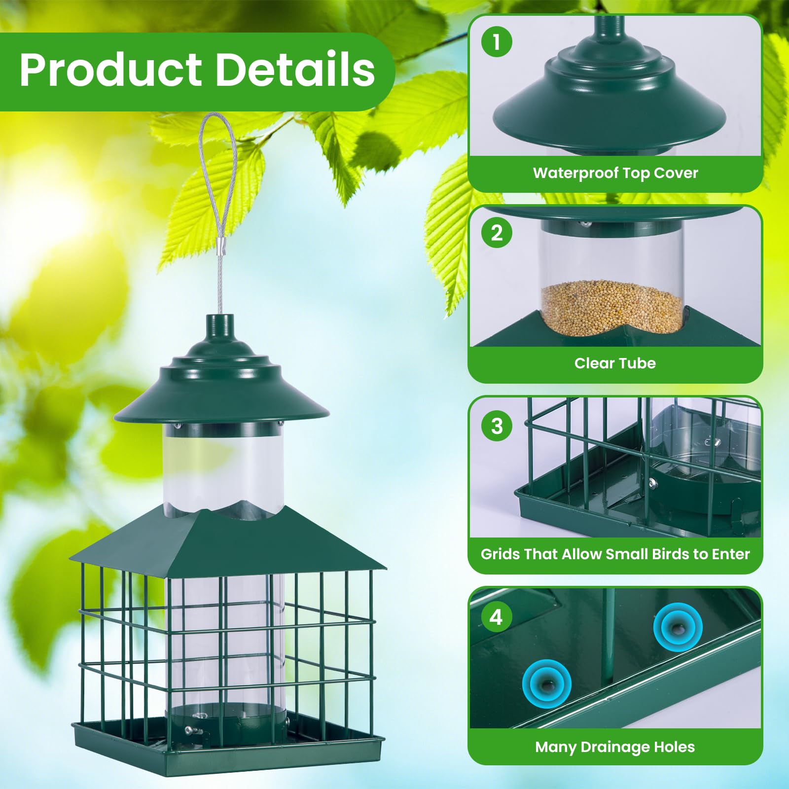 Comedero para pájaros a prueba de ardillas, jaula de metal colgante para exteriores, resistente a la intemperie, comederos para pájaros silvestres con pinzón cardenal, gran capacidad de 3.3