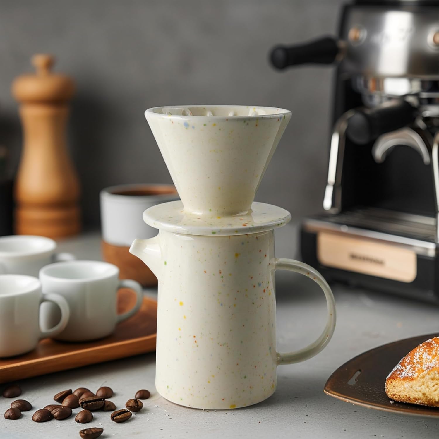 Pour Over Coffee Maker Set,Ceramic Pour Over Coffee Dripper Set with 20 Count Paper Coffee Filters,for Home Café Restaurant Camping,15.8 Ounces(Multi-Color Dot)