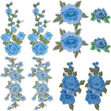 10Pcs 5 Styles Blue Rose Embroidered Patches Floral Sew on Patches Embroidery Flower Appliques Repair Patch for DIY Clothing Shirts Jeans Hats Blouses Pants Skirts