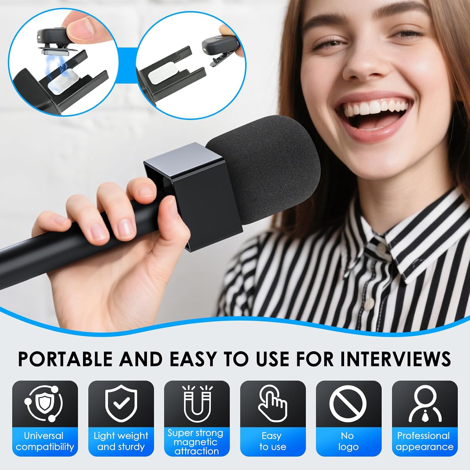 Handheld Adaptor for Interview Mic, Mic Handle Compatible with DJI 1/2/3/Mini 1/2, Rode and All Lav Microphone, Wireless Microphone Holder with 3 Pop Filter and Flag Station for Vlogging, Reports