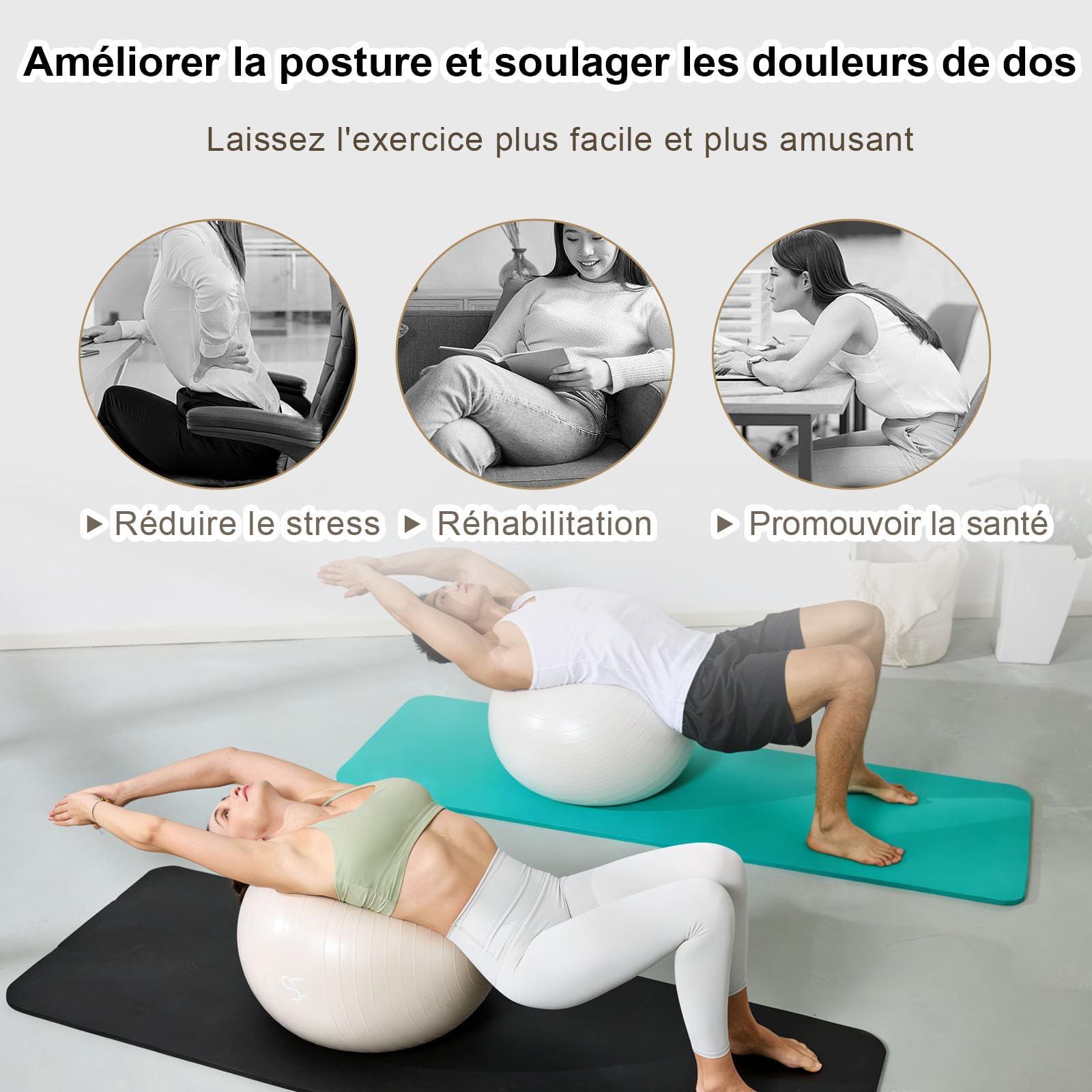 Ballon de gymnastique 55 cm - Pour grossesse - Grand ballon de yoga - Ergonomique - Anti-éclatement - Pour fitness, yoga, gymnastique, entraînement avec pompe à air